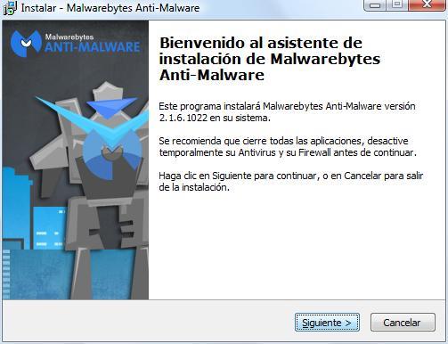 Pantalla inicio instalación de Malwarebyte.