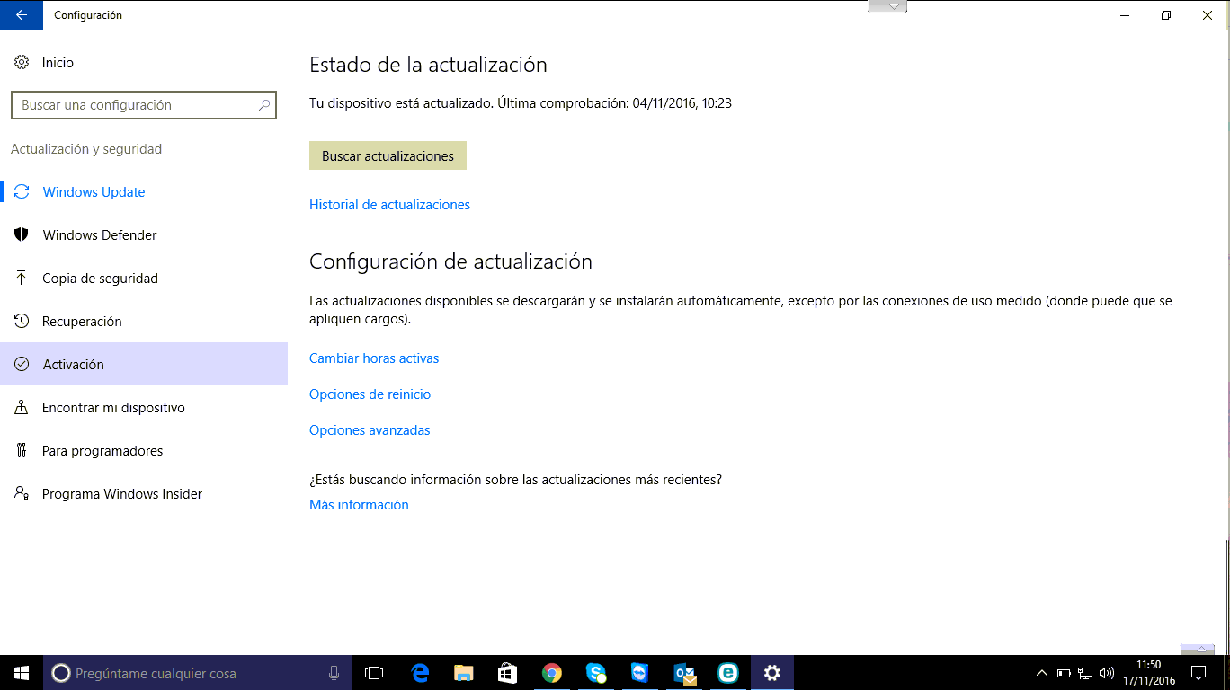 Panel configuración actualizaciones windows 10